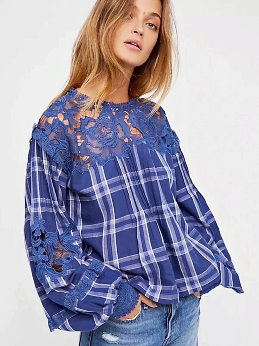 Free People Darling Diana Plaid Lace Top Blue – Tag Removed